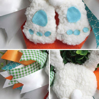 Easter Bunny Wreath Farmhouse Design Carrot Shaped Wall Hanging Colorful Ribbons Bunny Door Decoration for Homeowners, Kids, Porch, Indoor, Fireplace
