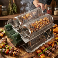 Electric Barbecue Grill Cage drips Tray Rotating BBQ Basket Rust-Resistant for Tabletop