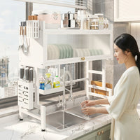 Over Sink Shelf Dish Rack, 2 Tier Carbon Steel Dish Drainer and Kitchen Sink Organiser, Space Saving Home Kitchen Counter Storage with Holders