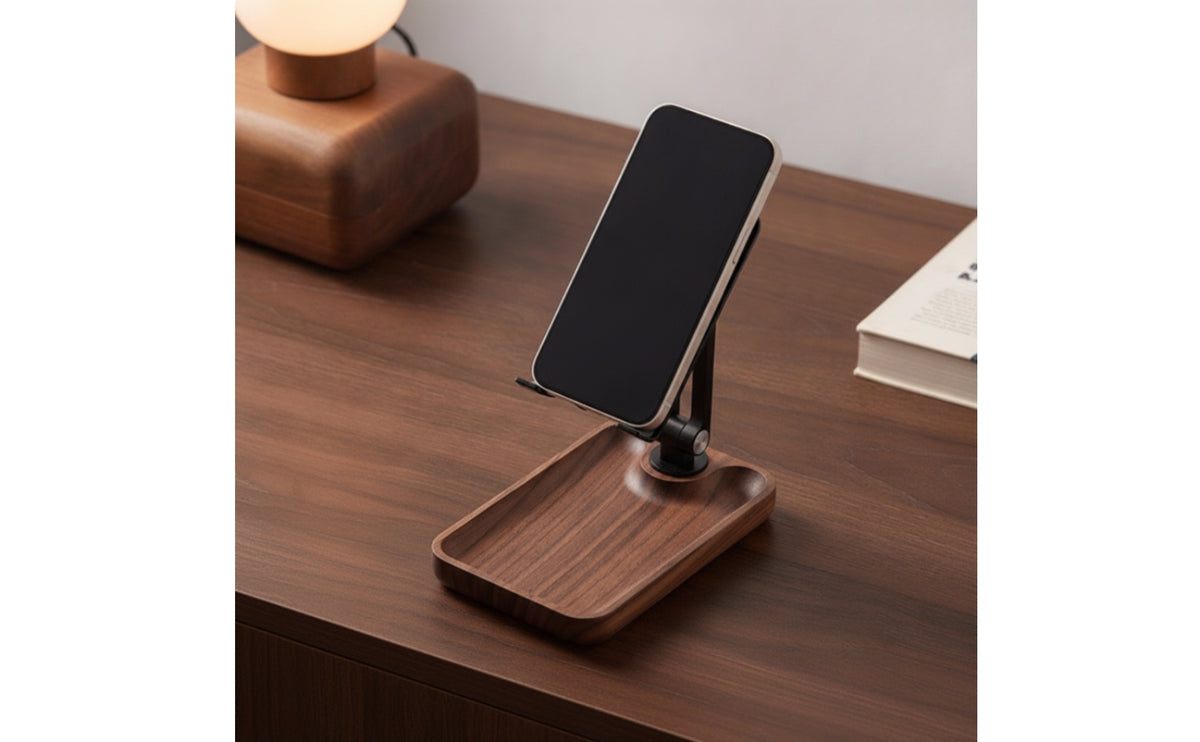 Phone Stand with Wood Base Stable Wooden Phone Stand Portable Holder with Tray for Office