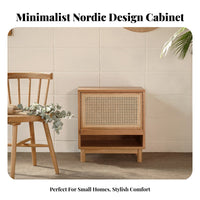 Japandi Design Rattan Door Accent Cabinet Minimalist Design Rattan Door End Table Small Space Solution Nightstand Versatile Usage for Apartment Dwellers, Home Decorators, Homeowners, Bedroom, Living Room, Entryway