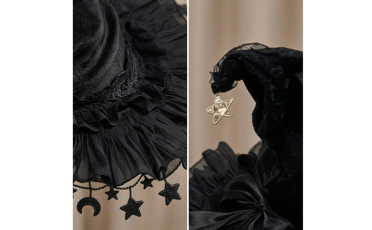 Witch Hat with Lace Trim Handmade Witch Hat with Ribbon Tails Ruffled Costume Headpiece for Cosplayers, Witches, Halloween, Cosplay, Photo Shoots