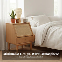 Nordic Design Rattan Drawer Nightstand Woven Panel Design Wicker Front End Table Japanese Aesthetic Bedroom Furniture Minimalist Look for Guesthouse Owners, Homeowners, Adults, Hotel, Apartment