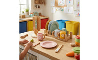 33 Pieces Pastel Accents Wooden Tableware Set Storage Display Pretend Kitchen Accessories Polished Edges Play Plates and Cups Realistic for Children