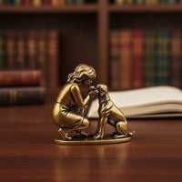 Antique Bronze Finish Girl and Dog Figurine Brass-Colored Girl with Dog Figurine Sculpted Sculpture Heartwarming for Bookshelf, Desk