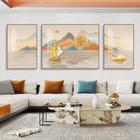 背靠金山三联画客厅装饰画沙发背景画简约挂画现代壁画山水墙画