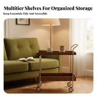 Retro Design Rolling End Table with Magazine Rack On Wheels Mobile Storage Multi-Functional Household Furniture Space-Saving for Design Enthusiasts, Apartment Dwellers, Living Room, Small Areas, Dining Area, Bedroom