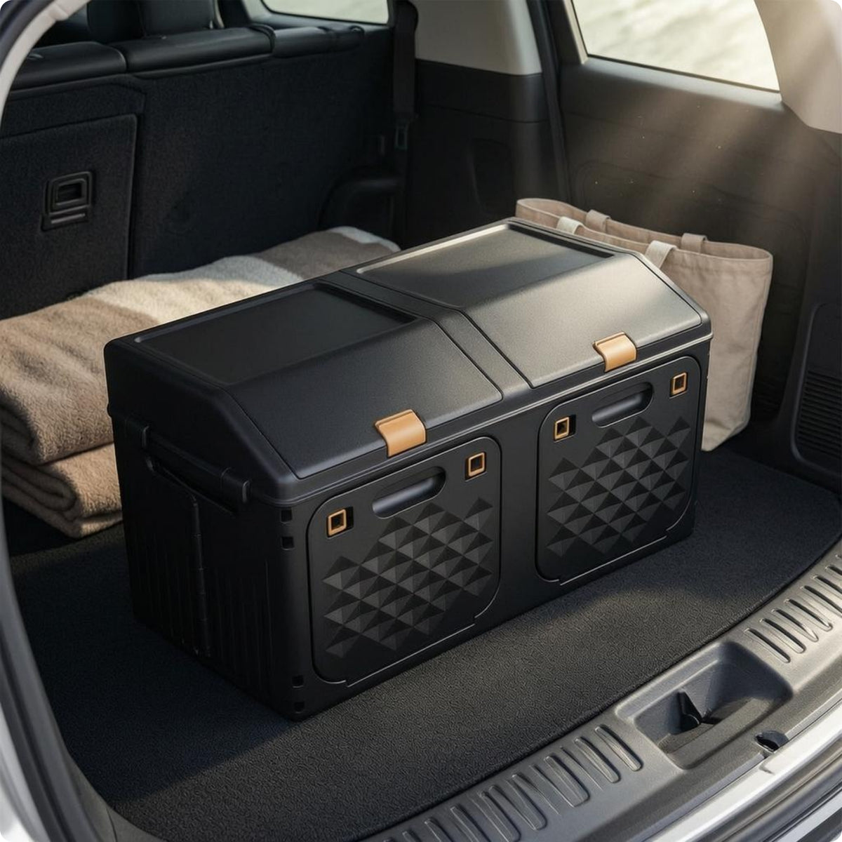 Foldable Car Storage Box Molded Handles Two Level Car Storage Box Textured