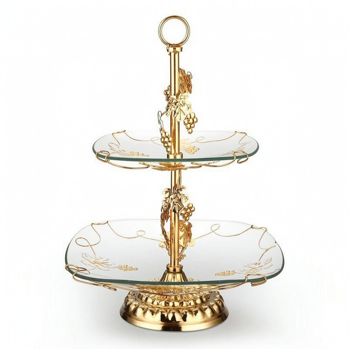 Double-Layer Fruit Stand with Glass Trays Gold-Tone 2-Tier Serving Stand European-Style Ornate for Hosts, Brides, Party, Wedding, Living Room