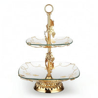 Double-Layer Fruit Stand with Glass Trays Gold-Tone 2-Tier Serving Stand European-Style Ornate for Hosts, Brides, Party, Wedding, Living Room