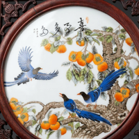 Rosewood Carved Desktop Screen Ornament, Vintage Style Porcelain Panel Table Divider for Desk, Chinese Floral Bird Painting Decor