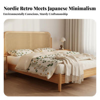 Solid Wood Rattan Bed No Box Spring Needed Rattan Headboard Bed Frame Easy Assembly for Homestay Owners, Couples, Guest Room, Apartment, Vacation Home