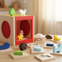 Sensory Box with Shapes Educational Guessing Box Fine Motor Wooden Shape Sorter Cube for Young Children, Kids, Playroom, Preschool, Homeschooling