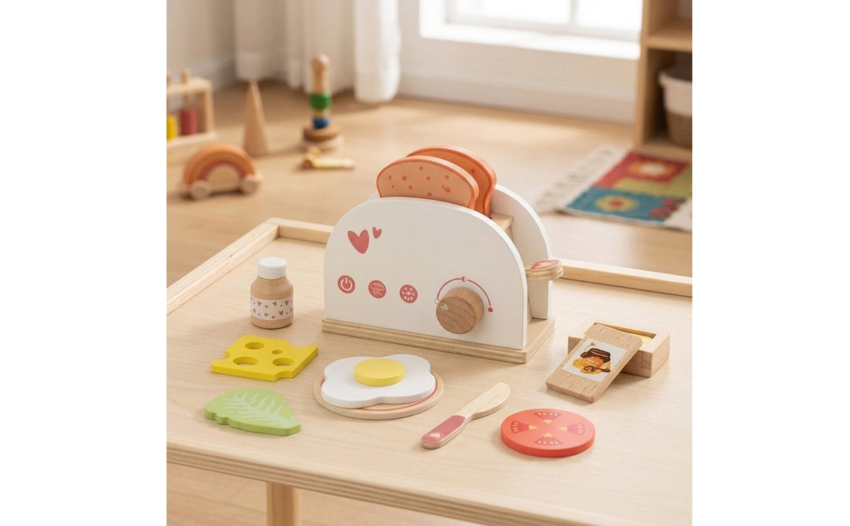Wooden Play Breakfast Appliance with Accessories Imaginative Toy Breakfast Appliance Pastel Pretend Play Breads Maker for Toddlers, Preschoolers