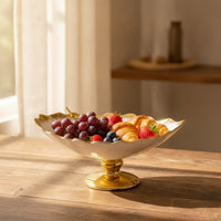 Scalloped Ceramic Fruit Bowl with Pedestal Shallow Footed Bowl Wide Decorative for Tabletop, Dining Table