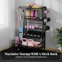 Space Saving Dumbbell and Exercise Mat Holder Large Capacity Home Gym Storage Rack Mobile with Lockable Wheels Multi-Tier Weight Stand Heavy Duty for Garage