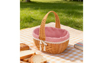 Arched Handle Picnic Basket Handwoven Lined Hand Basket Gingham Lining Container Lace Trim for Shopping