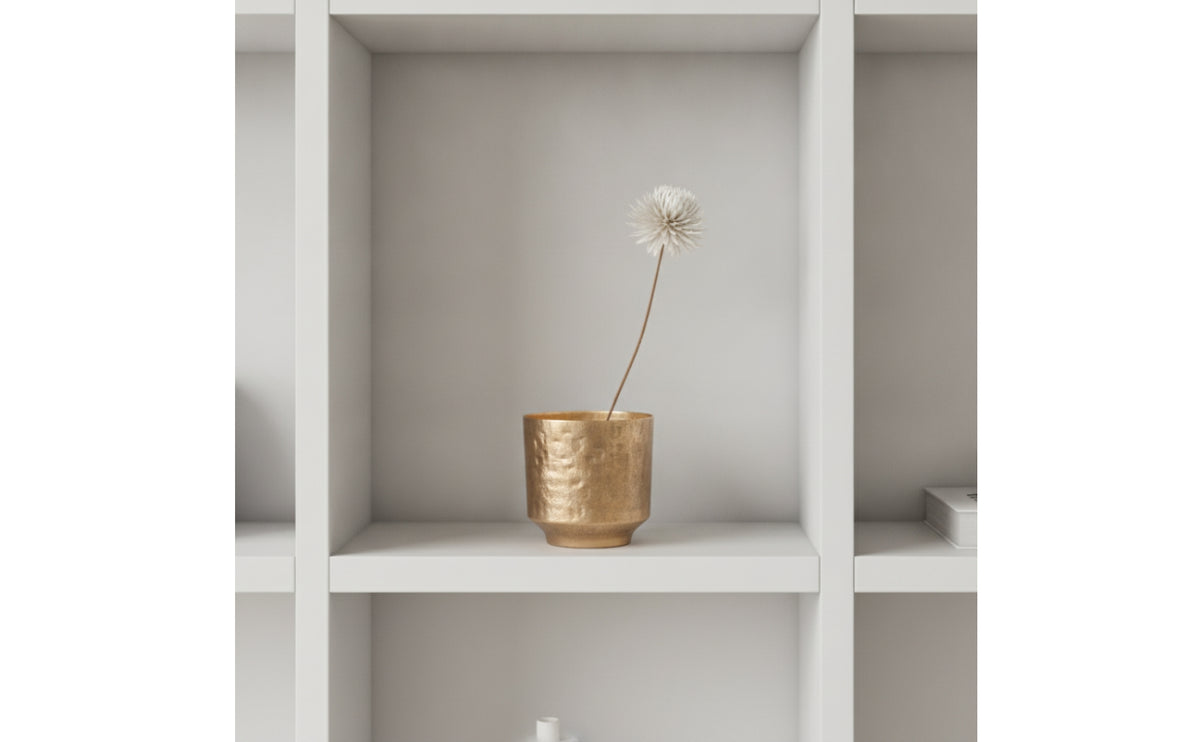 Hammered Metal Vessel Decorative Gold Aluminum Vase Cylindrical Ornamental Vase for Clean Design Aficionados, Tabletop, Shelf, Console