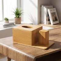 Bamboo Tissue Box Cover Desktop Organizer, Modern Minimalist Holder with Tray, Easy Refill Rectangular Wooden for Living Room, Hotel