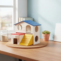 2-Story Hamster House Fir Wood Wooden Hamster House Built-in Food Trough Colorful Small for Gerbils, Playpen