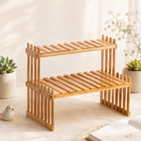 unobstructedSided Double-Layer Bamboo Plant Stand Rectangular Slatted Bamboo Plant Shelf Compact Garden Furniture Space Saving