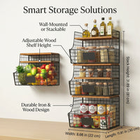 Kitchen Storage Hanging Basket with Wooden Lids for Vegetable Wall or Countertop Wire Rack, Foldable Design for Home