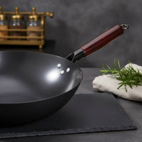 Nitrided Iron Pan Nitriding Treated Flat Bottom Wok Handmade Uncoated Iron Wok for Home Cooks, Gas Stoves