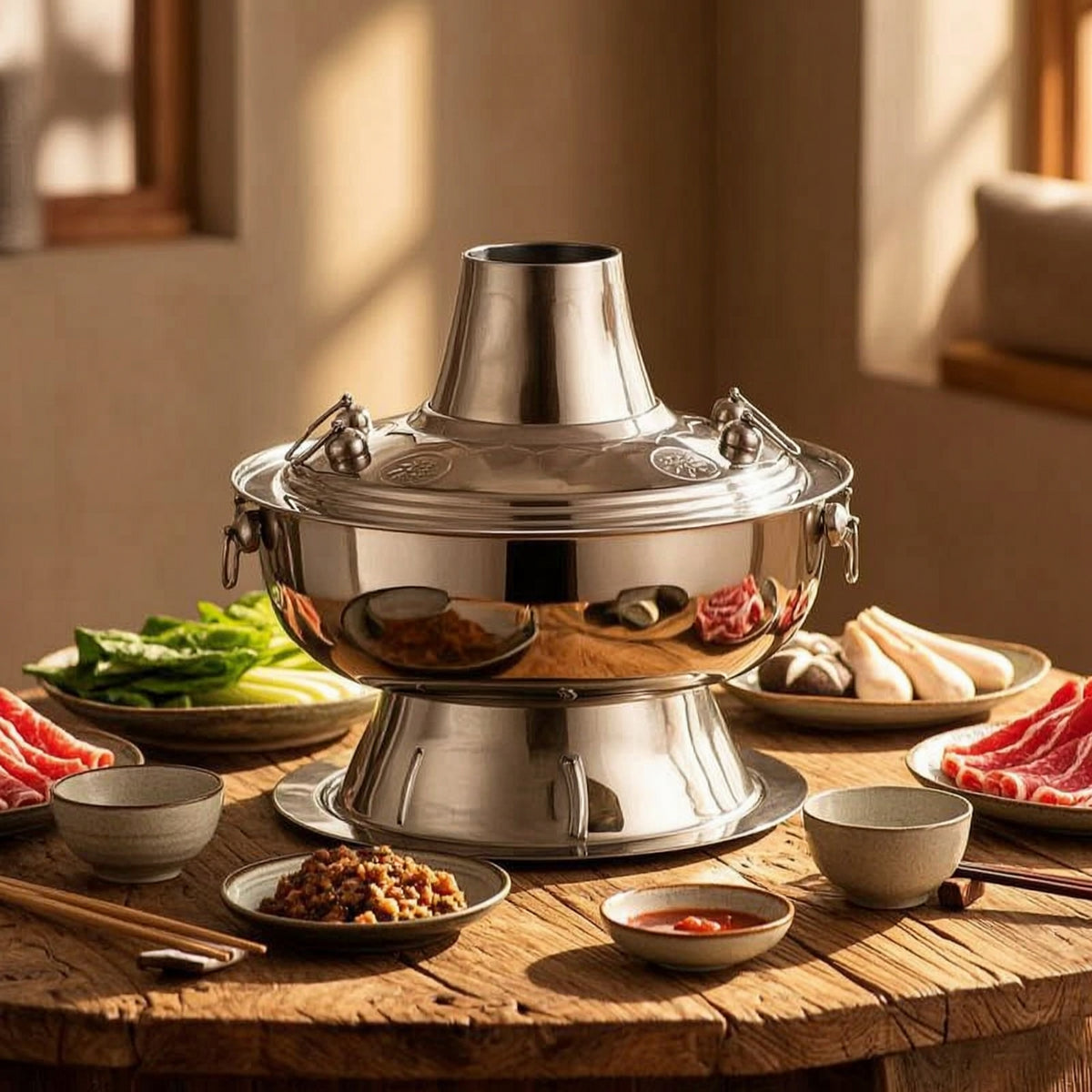 -Heated Hot Pot Traditional Hot Pot with Chimney Even-Heating Cookware for Home Dining, Restaurants