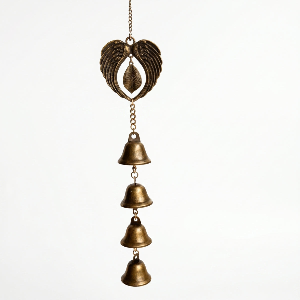 Angel Wing Wind Chime Bronze-Toned Leaf Center Chime Metal Angel Ornament Decorative for Garden