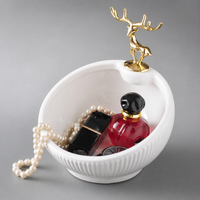 Deer Key Bowl, Modern Ceramic Jewelry Dish with Figurine, Desktop Trinket Storage for Console Table