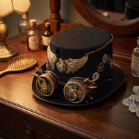 Hat with Goggles and Gears Black Hat with Adjustable Strap Goggles Pointed Headwear for Adults, Halloween