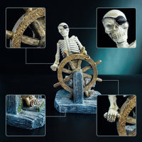 Aquarium Ornament with Nautical Steering Wheel Resin Skeleton Leader Statue Weathered Pirate Leader Ornament with Wheel for Desktop Display