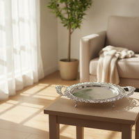 Serving Platter with Feet Silver Serving Platter with Handles Reflective Ornate Metal Tray for Hosts, Parties