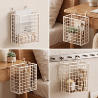 Metal Grid Wall Basket with Hooks Multipurpose Metal Wire Hanging Basket Space-Saving Organizer for Kitchen, Washroom, Closet