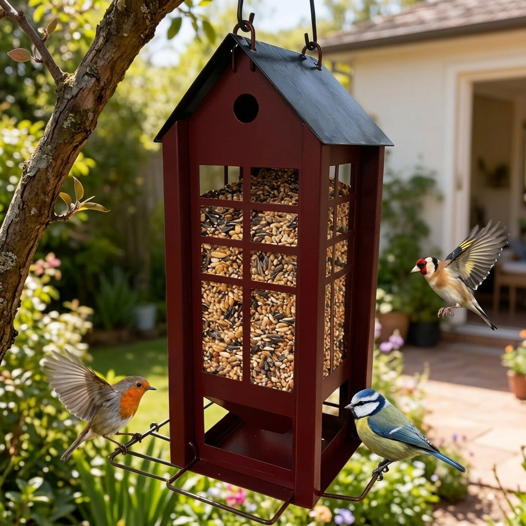 House Bird Feeder, Decorative ornamental avian feeder in Red Iron House Shape, Hanging outdoor Bird Feeder with Clear Panels for Garden Outdoor Decor