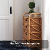 Japanese Aesthetic Wicker 4-Drawer Unit Hand-Woven 4-Drawer Basket Stand Natural Design Storage Cabinet Multi-Purpose for Homeowners, Renters, Parents, Bedroom, Living Room, Balcony, Bathroom