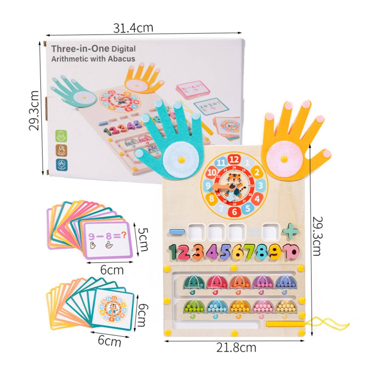 Wooden Math Board with Clock Hands-on Wooden Math Learning Board Learning Center Multi-Sensory Colorful for Preschoolers