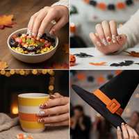 Halloween Medium-Long Press-On Nails with Pumpkin Ghost Candy Corn Designs, 24pcs Detachable Set