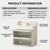 2-Tier Stackable Desktop Drawers with Pen Holder, Desk Storage Organizer Box, Small for Office Supplies Stationery