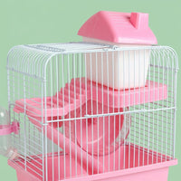 Hamster Cage and Syrian Hamster Habitat, 2-Tier Square Cartoon Style Golden Hamster Cage, Beginner Small Hamster Set for Indoor Use