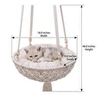 Cat Hammock Hanging Cat Chair with Cushion, Handmade Woven Macrame Basket Pet Cat Bed, Indoor Decor Fringe Suitable for Birman Cats