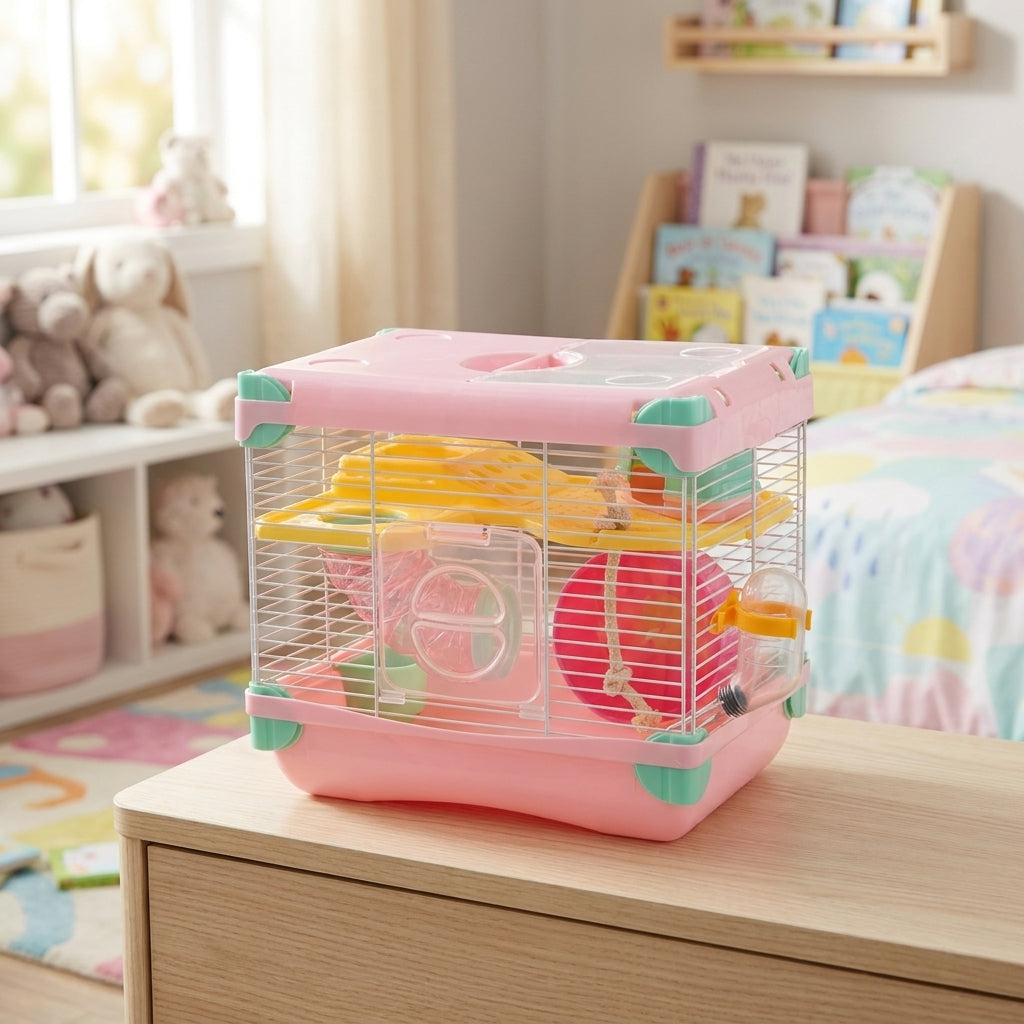 Double Layer Hamster Cage for Dwarf Hamsters, Portable Wire Multi-Level Habitat, Two-Tier Beginner Small Animal Cage Suitable for Your Animals