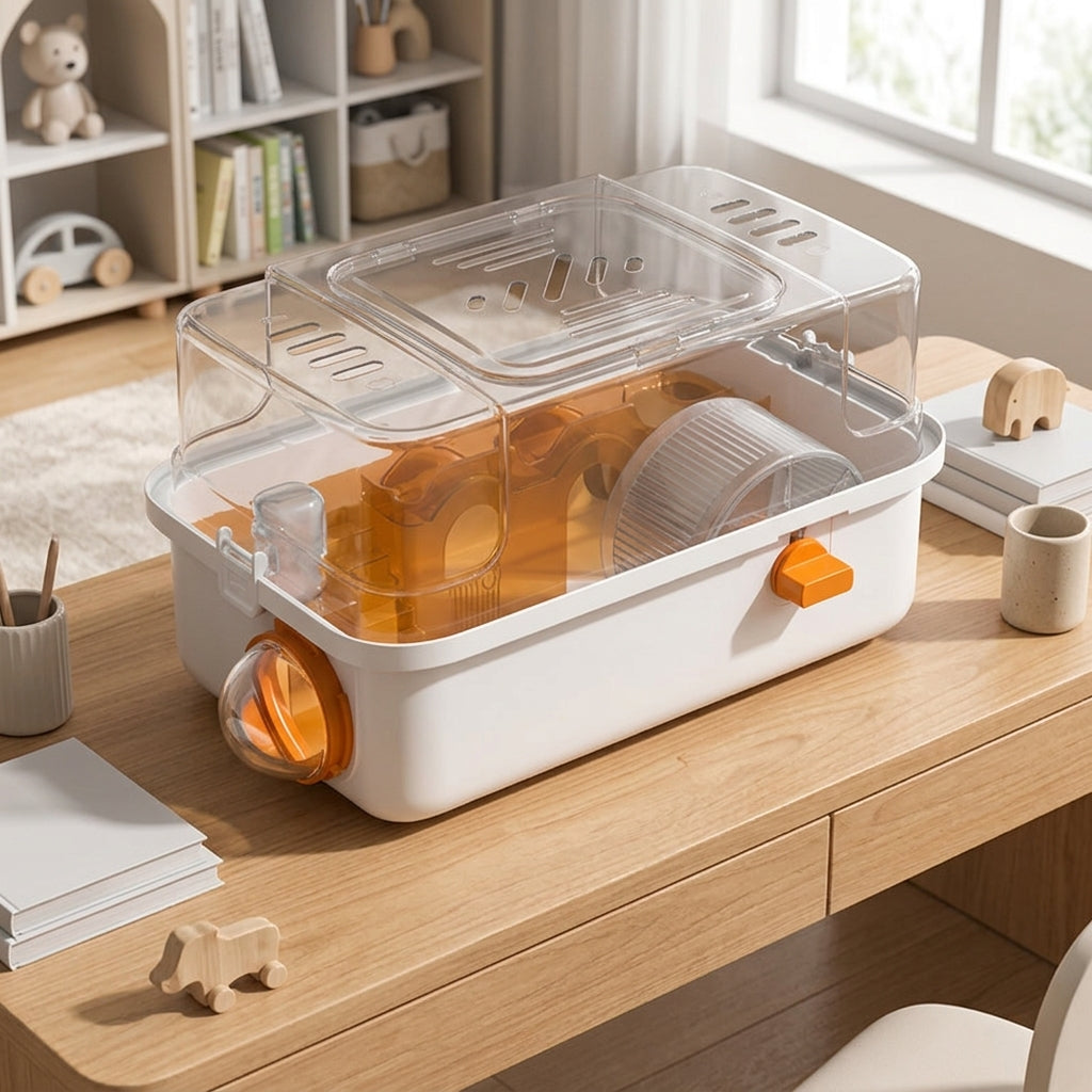 Transparent Hamster Cage Villa with Side Door and Handle, Single Layer House for Indoor Use, Portable Oval Shape Dwarf Habitat Viewing