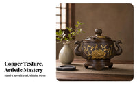 Lidded Copper Scent Burner Raised Base Mythical Bird Scent Burner Side Handles