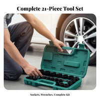 21 Pieces Chrome Vanadium Steel 21-Piece Socket Wrench Set Heavy-Duty Construction Tire Wrench Tool Set Mirror Finish for Mechanics, Garage