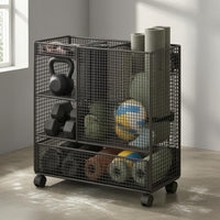 Wire-Grid Rolling Mesh Rack Freestanding Gym Storage Rack Large Capacity Exercise Mat Holder Space-Saving