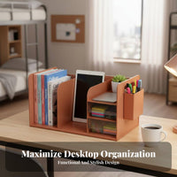 Desk Organizer with Pen Holder Space Saving Multi-Compartment Stati Single Ry Holder Combined Design Bookend Storage Rack for Teens, Study Table