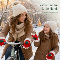 Snowflake Christmas Tree Fingerless Gloves for Women and Kids, Touchscreen Compatible, Plush Lined, Thick Warm for Winter Cycling