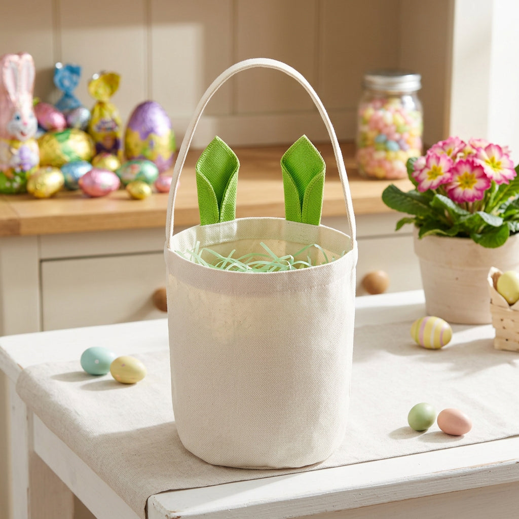 Canvas Easter Basket with Green Bunny Ears, Portable Tote Bag for Egg Hunts, Reusable Fabric Gift Sack for Kids Party Favours and Nursery Storage