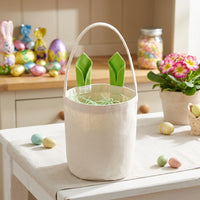 Canvas Easter Basket with Green Bunny Ears, Portable Tote Bag for Egg Hunts, Reusable Fabric Gift Sack for Kids Party Favours and Nursery Storage